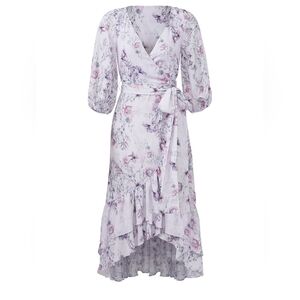 Prose & Poetry Lavandrr Floral Faux Wrap Midi Dress Ruffle Puff Sleeve Boho